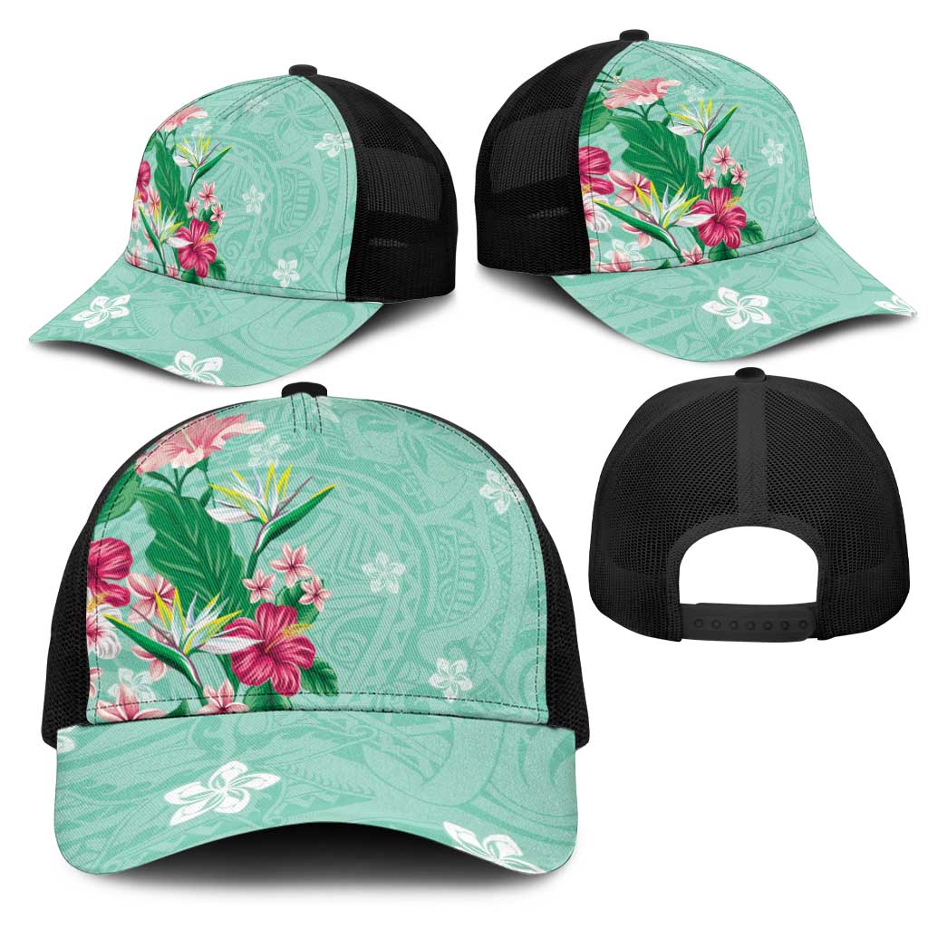 Hawaii Tropical Flowers Mesh Trucker Cap Polynesian Tattoo Mint Green