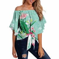 Hawaii Tropical Flowers Off Shoulder Wrap Waist Top Polynesian Tattoo Mint Green LT05 - Polynesian Pride