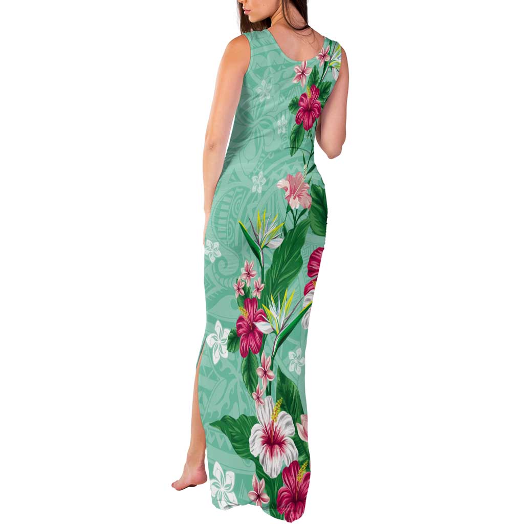 Hawaii Tropical Flowers Tank Maxi Dress Polynesian Tattoo Mint Green LT05 - Polynesian Pride