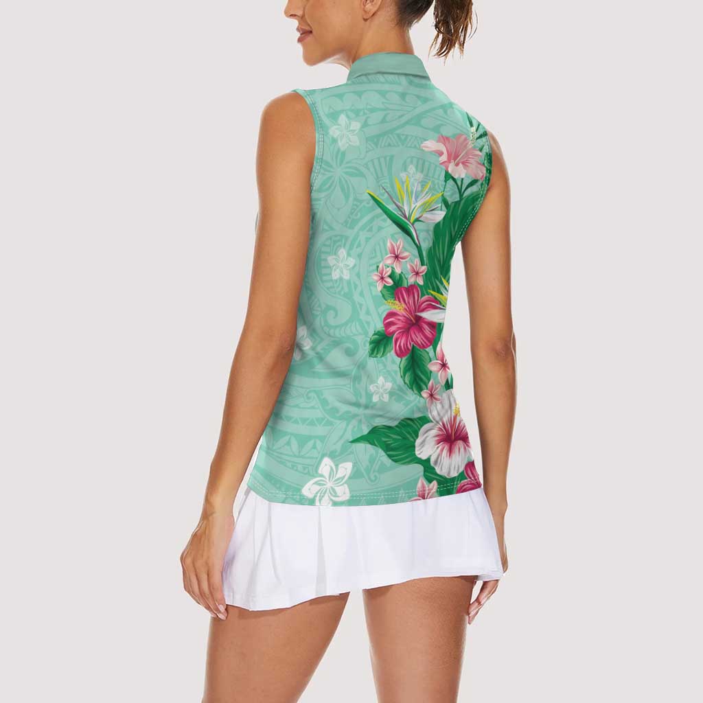 Hawaii Tropical Flowers Women Sleeveless Polo Shirt Polynesian Tattoo Mint Green