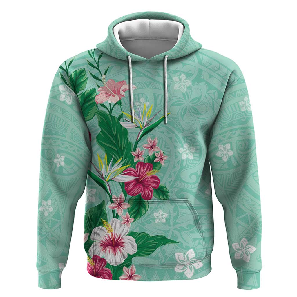 Hawaii Tropical Flowers Zip Hoodie Polynesian Tattoo Mint Green