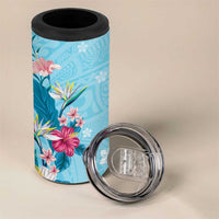 Hawaii Tropical Flowers 4 in 1 Can Cooler Tumbler Polynesian Tattoo Sky Blue