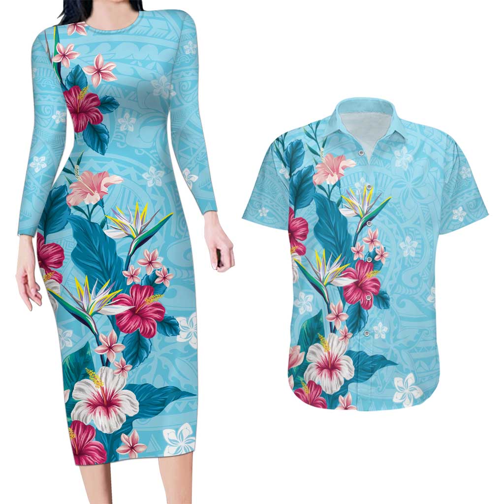 Hawaii Tropical Flowers Couples Matching Long Sleeve Bodycon Dress and Hawaiian Shirt Polynesian Tattoo Sky Blue