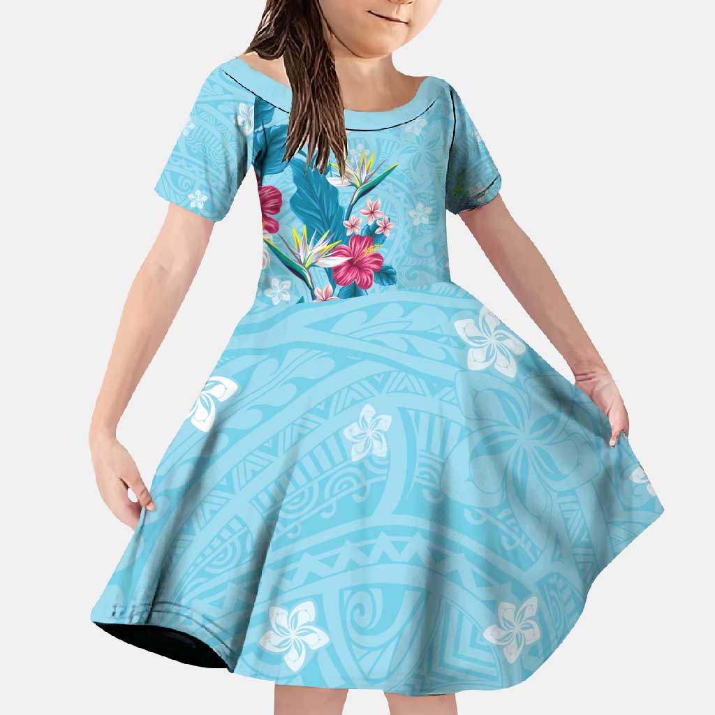 Hawaii Tropical Flowers Family Matching Long Sleeve Bodycon Dress and Hawaiian Shirt Polynesian Tattoo Sky Blue LT05 Daughter's Dress Blue - Polynesian Pride