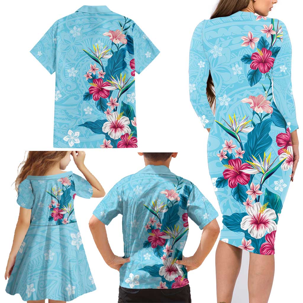 Hawaii Tropical Flowers Family Matching Long Sleeve Bodycon Dress and Hawaiian Shirt Polynesian Tattoo Sky Blue LT05 - Polynesian Pride