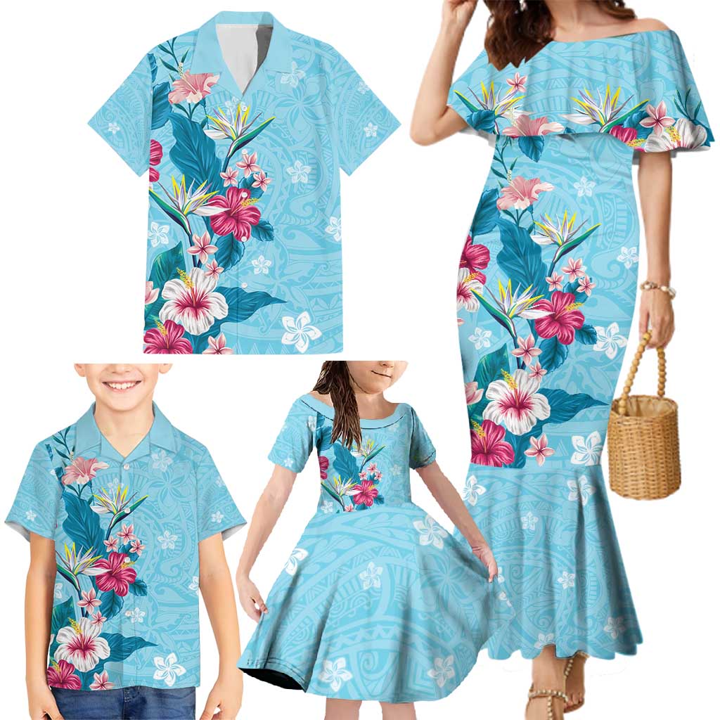 Hawaii Tropical Flowers Family Matching Mermaid Dress and Hawaiian Shirt Polynesian Tattoo Sky Blue LT05 - Polynesian Pride