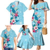 Hawaii Tropical Flowers Family Matching Mermaid Dress and Hawaiian Shirt Polynesian Tattoo Sky Blue LT05 - Polynesian Pride