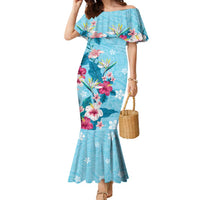 Hawaii Tropical Flowers Family Matching Mermaid Dress and Hawaiian Shirt Polynesian Tattoo Sky Blue LT05 Mom's Dress Blue - Polynesian Pride