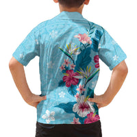 Hawaii Tropical Flowers Family Matching Off The Shoulder Long Sleeve Dress and Hawaiian Shirt Polynesian Tattoo Sky Blue LT05 - Polynesian Pride