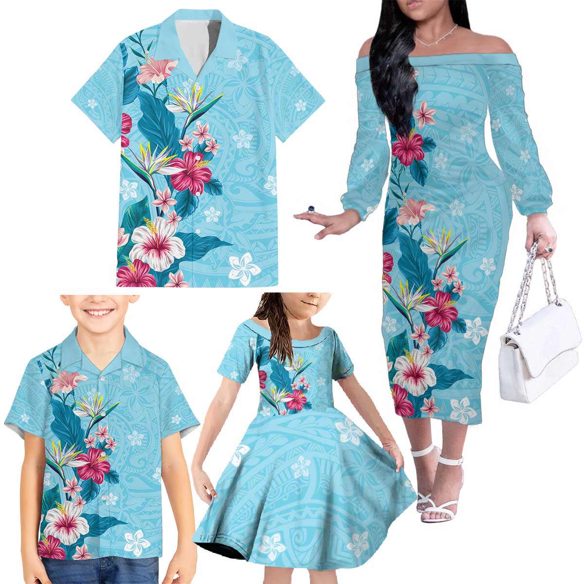 Hawaii Tropical Flowers Family Matching Off The Shoulder Long Sleeve Dress and Hawaiian Shirt Polynesian Tattoo Sky Blue LT05 - Polynesian Pride