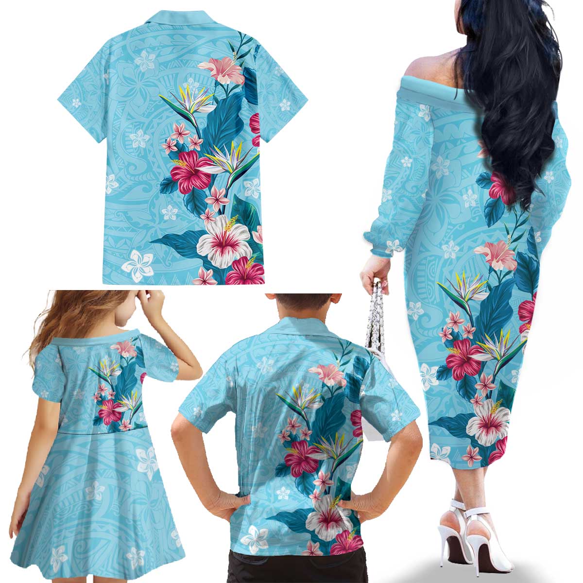 Hawaii Tropical Flowers Family Matching Off The Shoulder Long Sleeve Dress and Hawaiian Shirt Polynesian Tattoo Sky Blue LT05 - Polynesian Pride