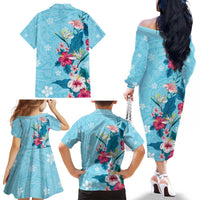 Hawaii Tropical Flowers Family Matching Off The Shoulder Long Sleeve Dress and Hawaiian Shirt Polynesian Tattoo Sky Blue LT05 - Polynesian Pride