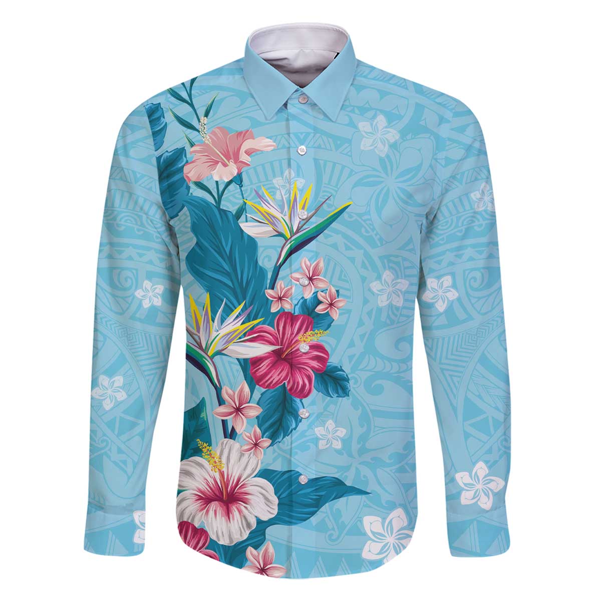 Hawaii Tropical Flowers Family Matching Off The Shoulder Long Sleeve Dress and Hawaiian Shirt Polynesian Tattoo Sky Blue LT05 Dad's Shirt - Long Sleeve Blue - Polynesian Pride