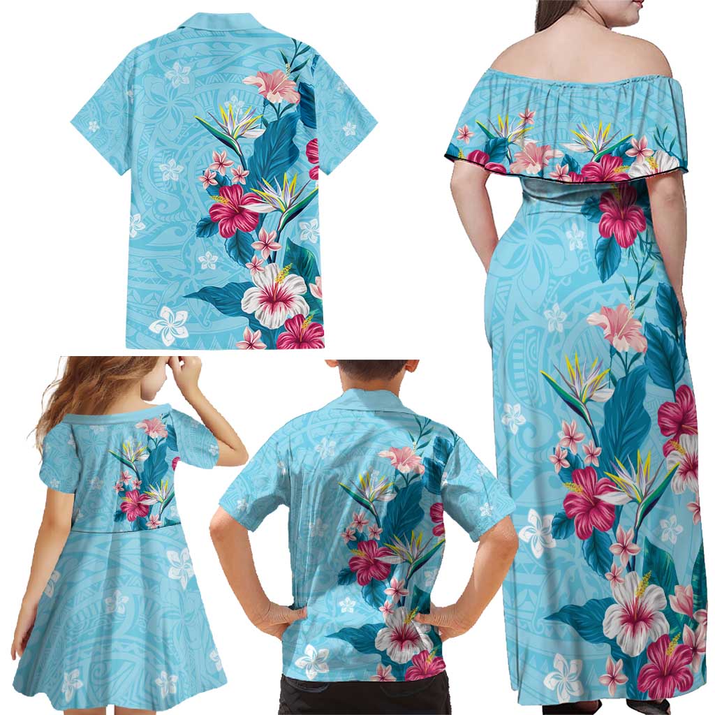 Hawaii Tropical Flowers Family Matching Off Shoulder Maxi Dress and Hawaiian Shirt - Polynesian Tattoo Sky Blue LT05 - Polynesian Pride