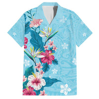 Hawaii Tropical Flowers Family Matching Off Shoulder Maxi Dress and Hawaiian Shirt - Polynesian Tattoo Sky Blue LT05 Dad's Shirt - Short Sleeve Blue - Polynesian Pride