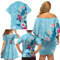 Hawaii Tropical Flowers Family Matching Off Shoulder Short Dress and Hawaiian Shirt Polynesian Tattoo Sky Blue LT05 - Polynesian Pride