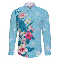 Hawaii Tropical Flowers Family Matching Off Shoulder Short Dress and Hawaiian Shirt Polynesian Tattoo Sky Blue LT05 Dad's Shirt - Long Sleeve Blue - Polynesian Pride
