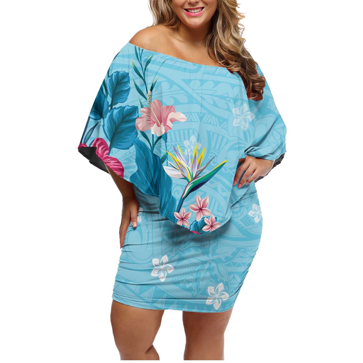 Hawaii Tropical Flowers Family Matching Off Shoulder Short Dress and Hawaiian Shirt Polynesian Tattoo Sky Blue LT05 Mom's Dress Blue - Polynesian Pride