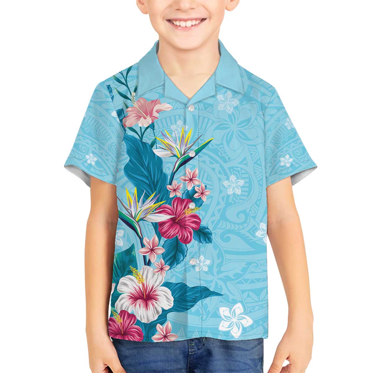 Hawaii Tropical Flowers Family Matching Off Shoulder Short Dress and Hawaiian Shirt Polynesian Tattoo Sky Blue LT05 Son's Shirt Blue - Polynesian Pride