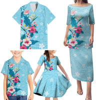 Hawaii Tropical Flowers Family Matching Puletasi and Hawaiian Shirt Polynesian Tattoo Sky Blue