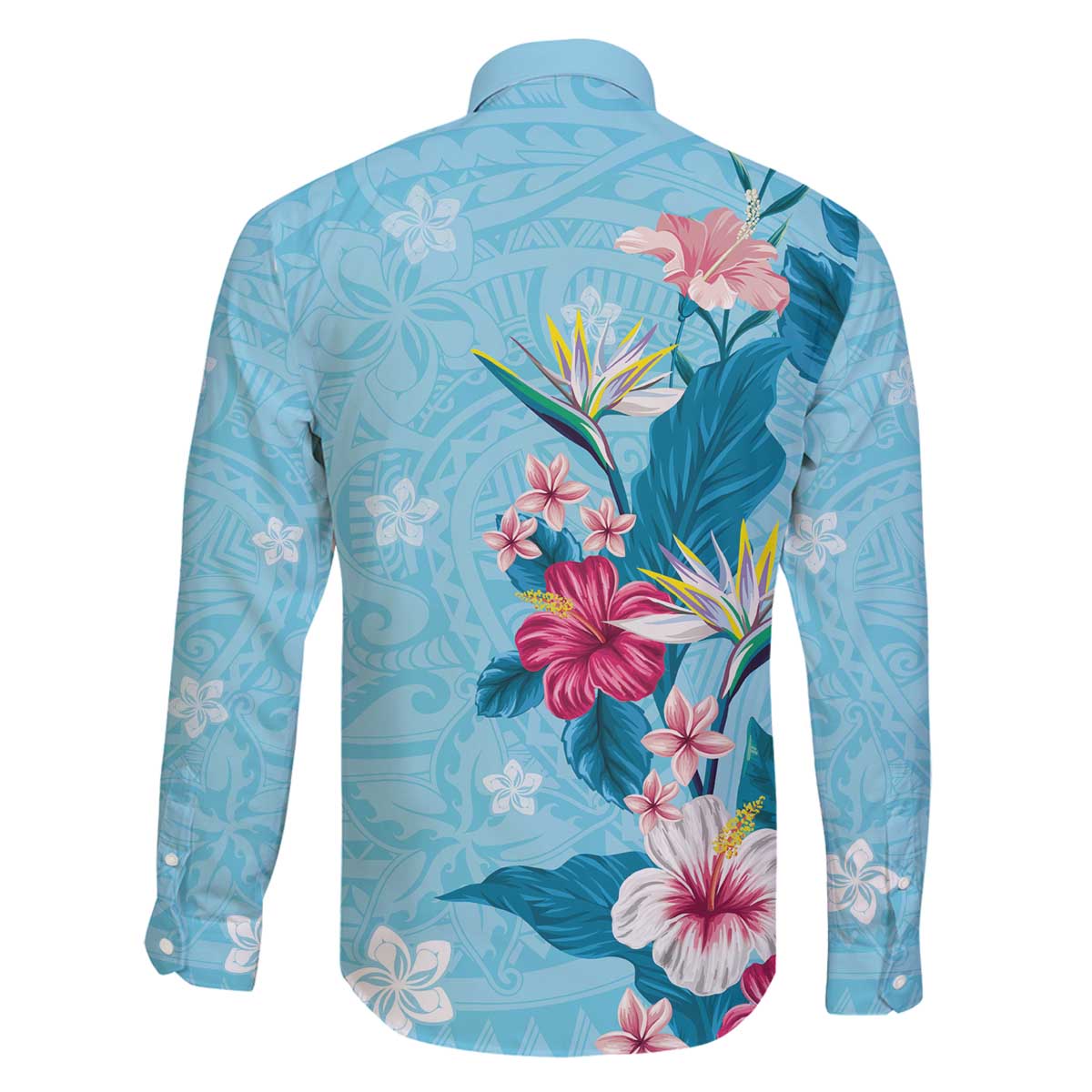 Hawaii Tropical Flowers Family Matching Puletasi and Hawaiian Shirt Polynesian Tattoo Sky Blue