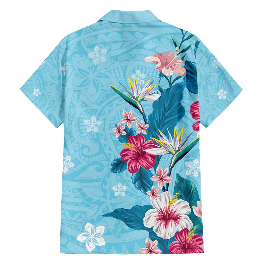 Hawaii Tropical Flowers Family Matching Summer Maxi Dress and Hawaiian Shirt - Polynesian Tattoo Sky Blue LT05 - Polynesian Pride