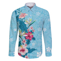 Hawaii Tropical Flowers Family Matching Summer Maxi Dress and Hawaiian Shirt - Polynesian Tattoo Sky Blue LT05 Dad's Shirt - Long Sleeve Blue - Polynesian Pride