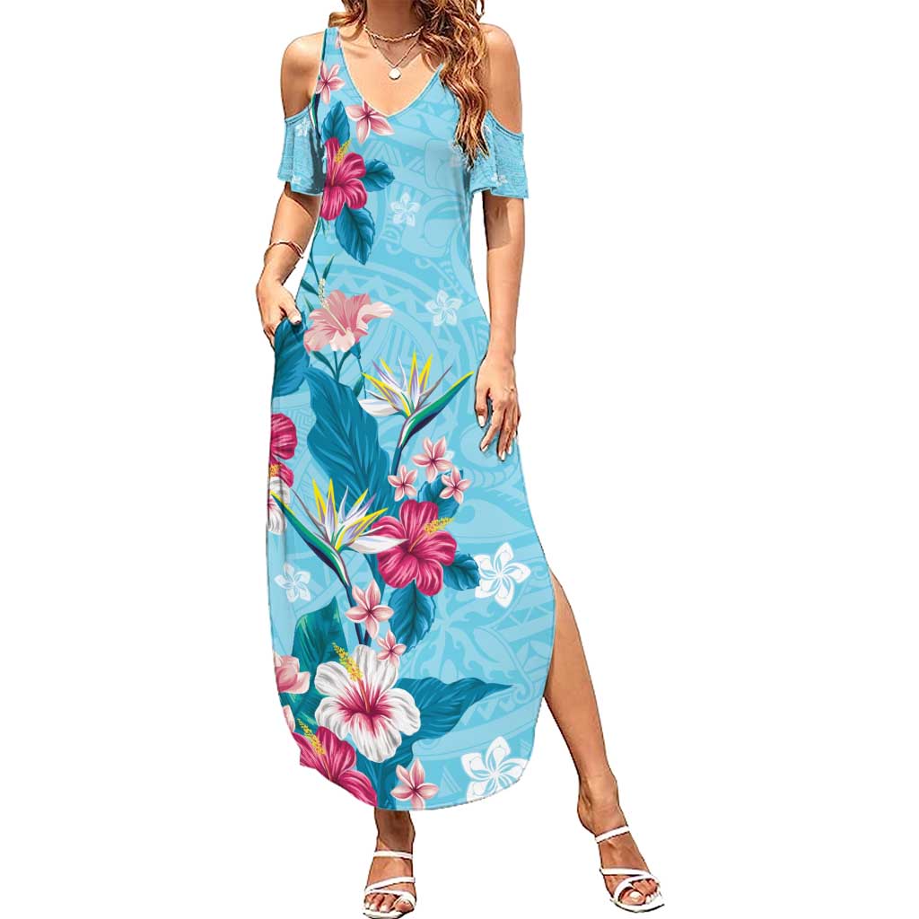 Hawaii Tropical Flowers Family Matching Summer Maxi Dress and Hawaiian Shirt - Polynesian Tattoo Sky Blue LT05 Mom's Dress Blue - Polynesian Pride