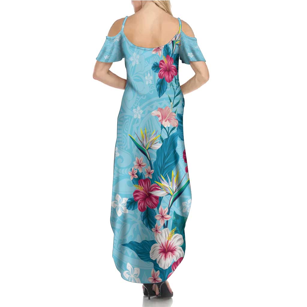 Hawaii Tropical Flowers Family Matching Summer Maxi Dress and Hawaiian Shirt - Polynesian Tattoo Sky Blue LT05 - Polynesian Pride
