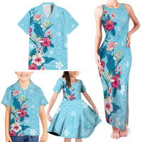 Hawaii Tropical Flowers Family Matching Tank Maxi Dress and Hawaiian Shirt - Polynesian Tattoo Sky Blue LT05 - Polynesian Pride