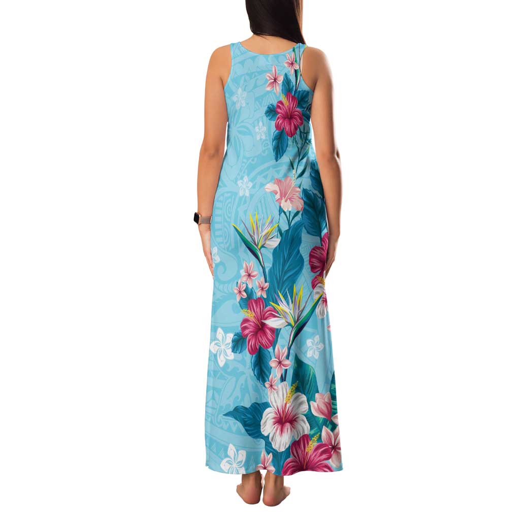 Hawaii Tropical Flowers Family Matching Tank Maxi Dress and Hawaiian Shirt - Polynesian Tattoo Sky Blue LT05 - Polynesian Pride