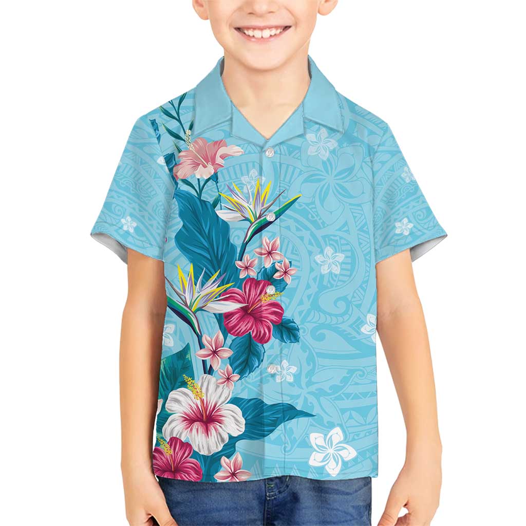 Hawaii Tropical Flowers Family Matching Tank Maxi Dress and Hawaiian Shirt - Polynesian Tattoo Sky Blue LT05 Son's Shirt Blue - Polynesian Pride