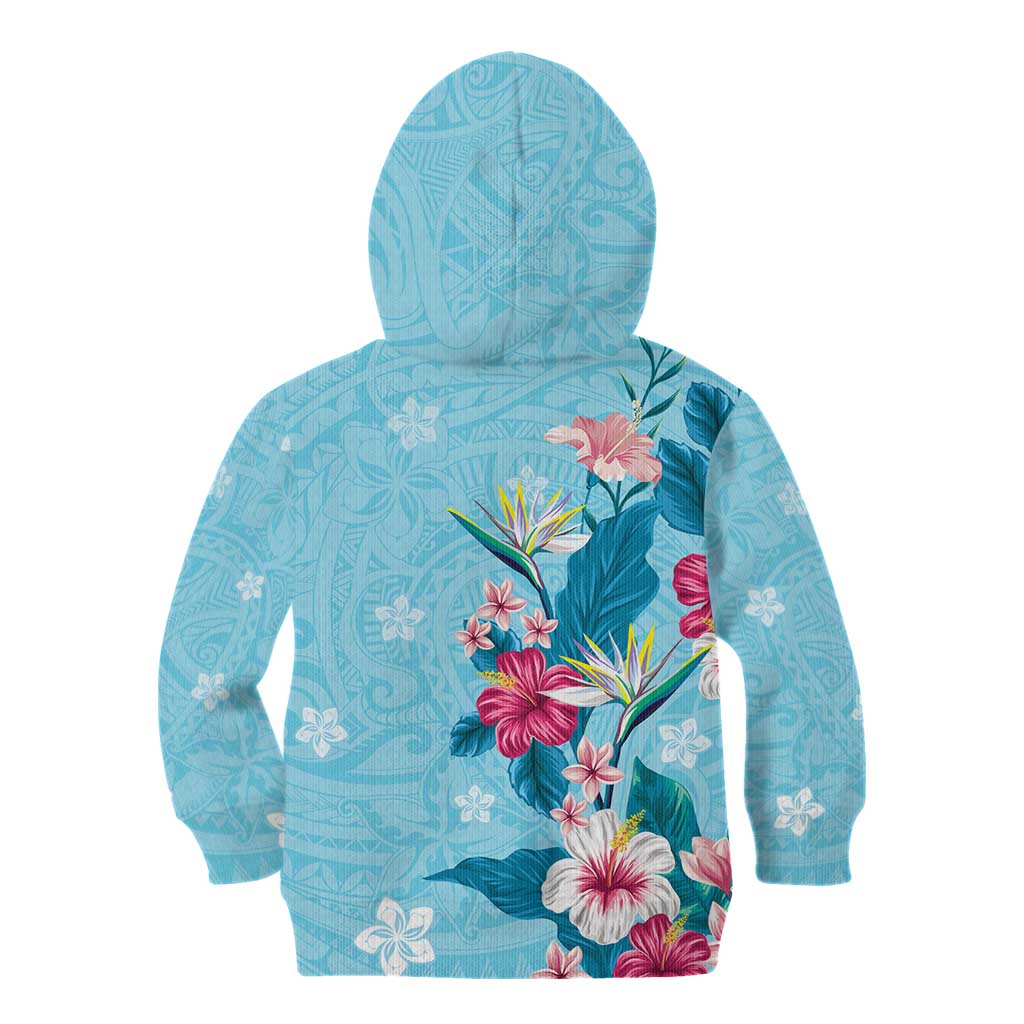 Hawaii Tropical Flowers Kid Hoodie Polynesian Tattoo Sky Blue
