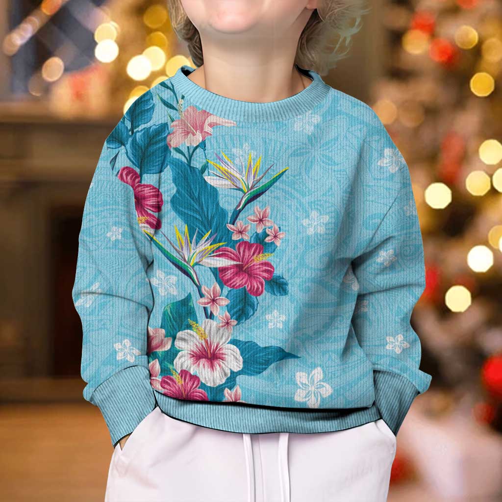 Hawaii Tropical Flowers Kid Ugly Christmas Sweater Polynesian Tattoo Sky Blue