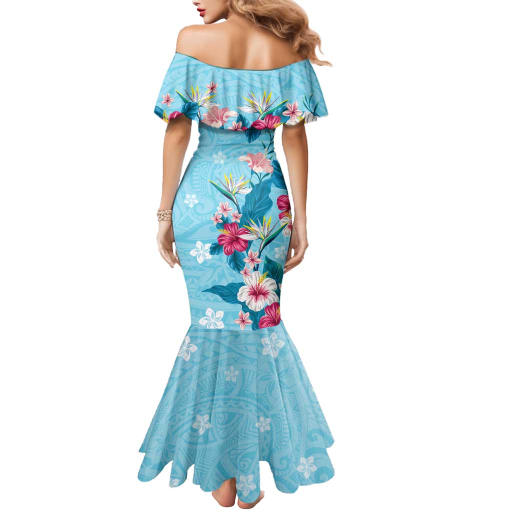 Hawaii Tropical Flowers Mermaid Dress Polynesian Tattoo Sky Blue