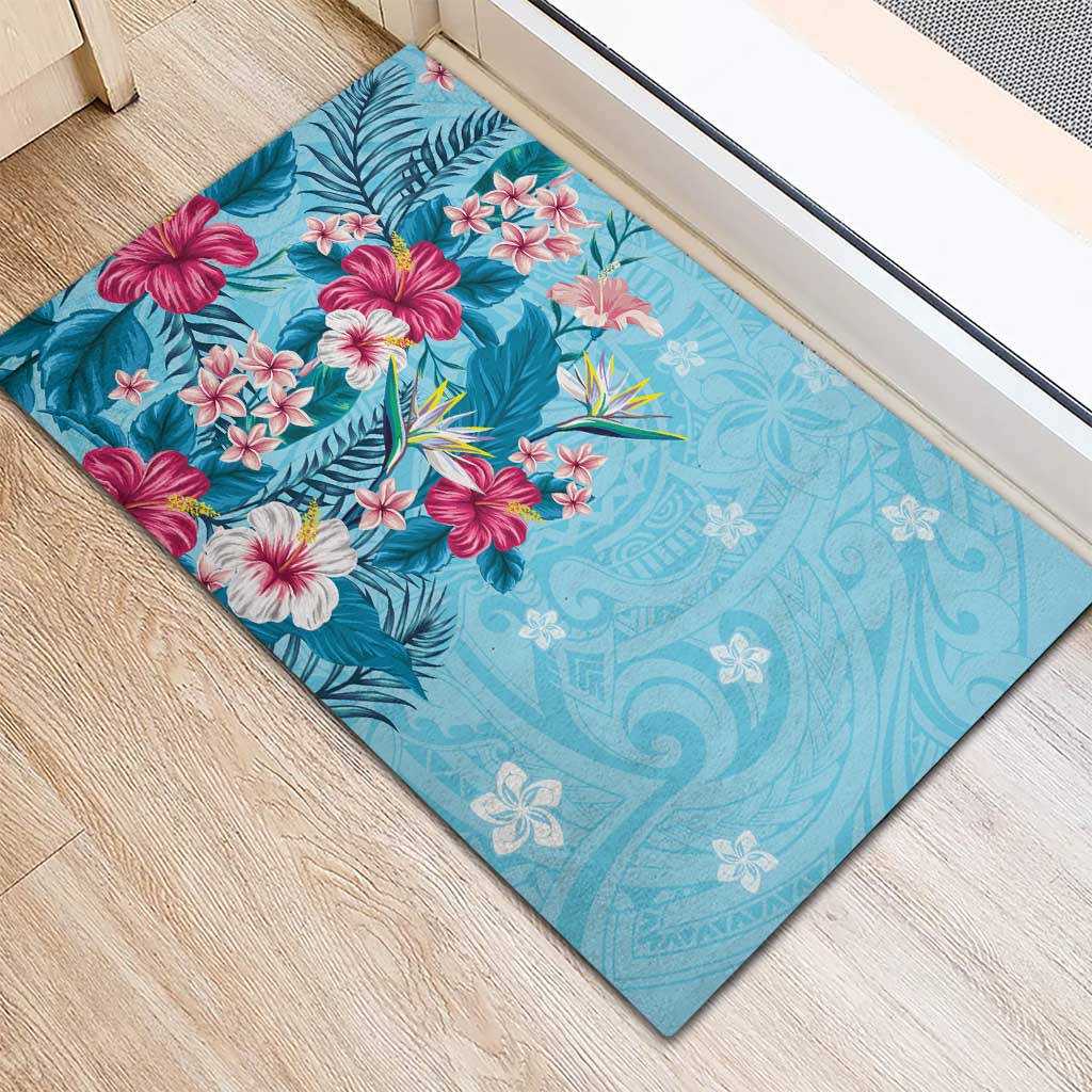 Hawaii Tropical Flowers Rubber Doormat Polynesian Tattoo Sky Blue