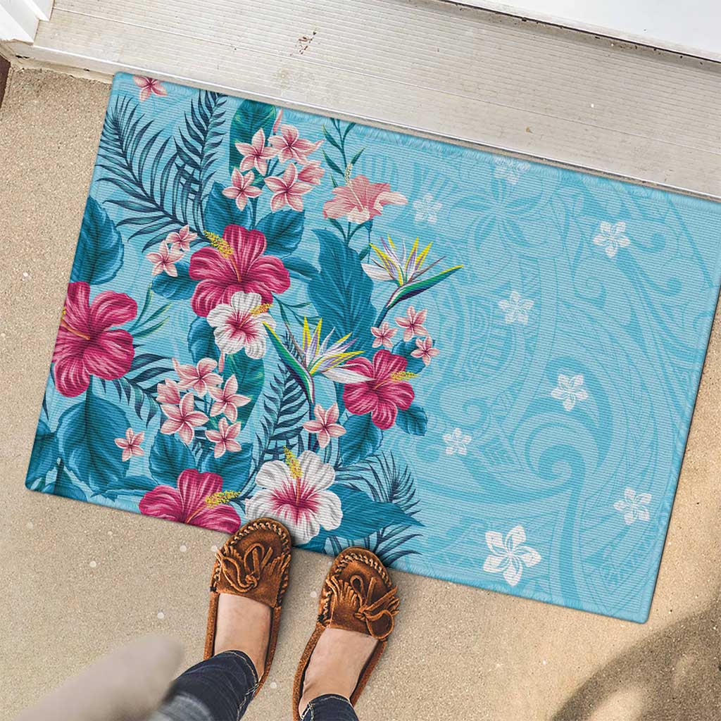 Hawaii Tropical Flowers Rubber Doormat Polynesian Tattoo Sky Blue