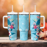 Hawaii Tropical Flowers Tumbler With Handle Polynesian Tattoo Sky Blue