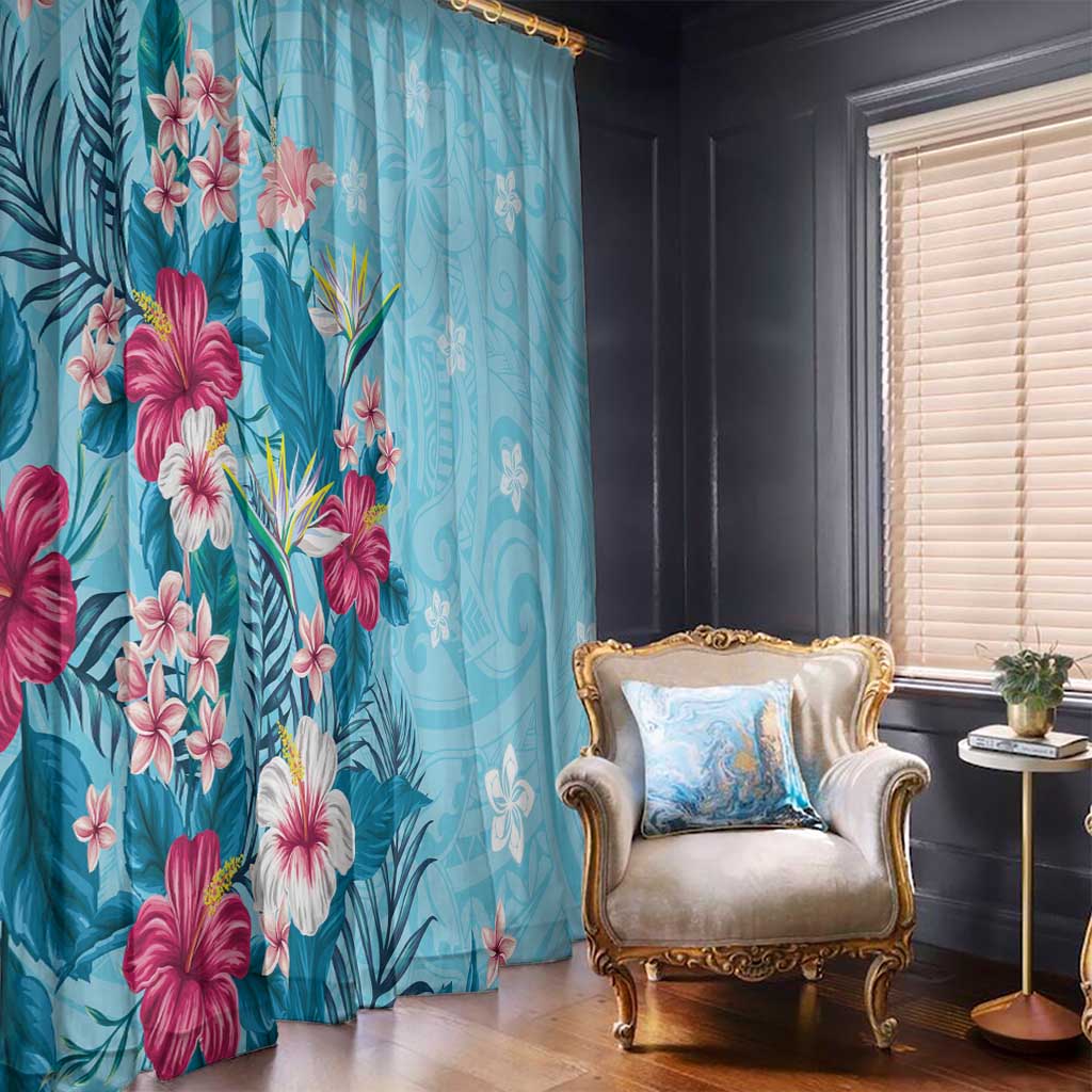 Hawaii Tropical Flowers Window Curtain Polynesian Tattoo Sky Blue