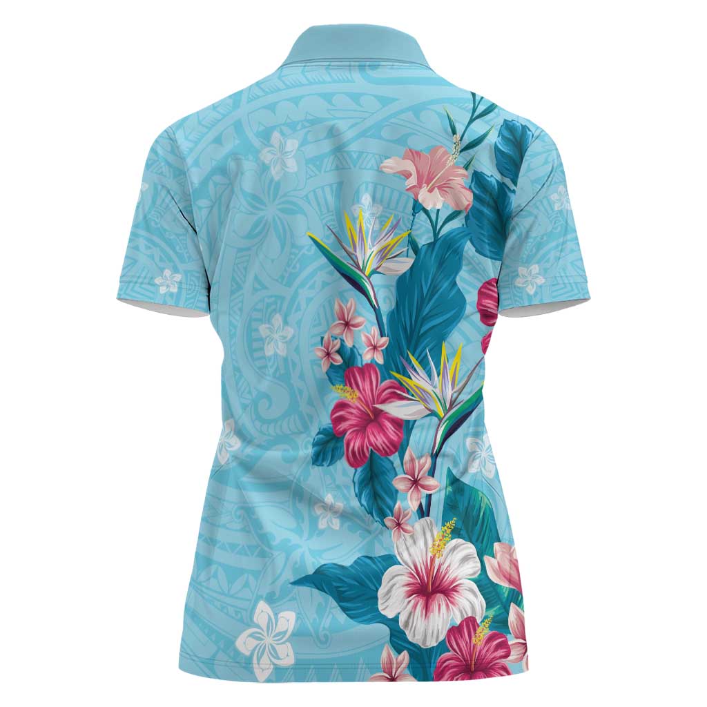 Hawaii Tropical Flowers Women Polo Shirt Polynesian Tattoo Sky Blue