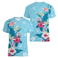 Hawaii Tropical Flowers Women V-Neck T-Shirt Polynesian Tattoo Sky Blue