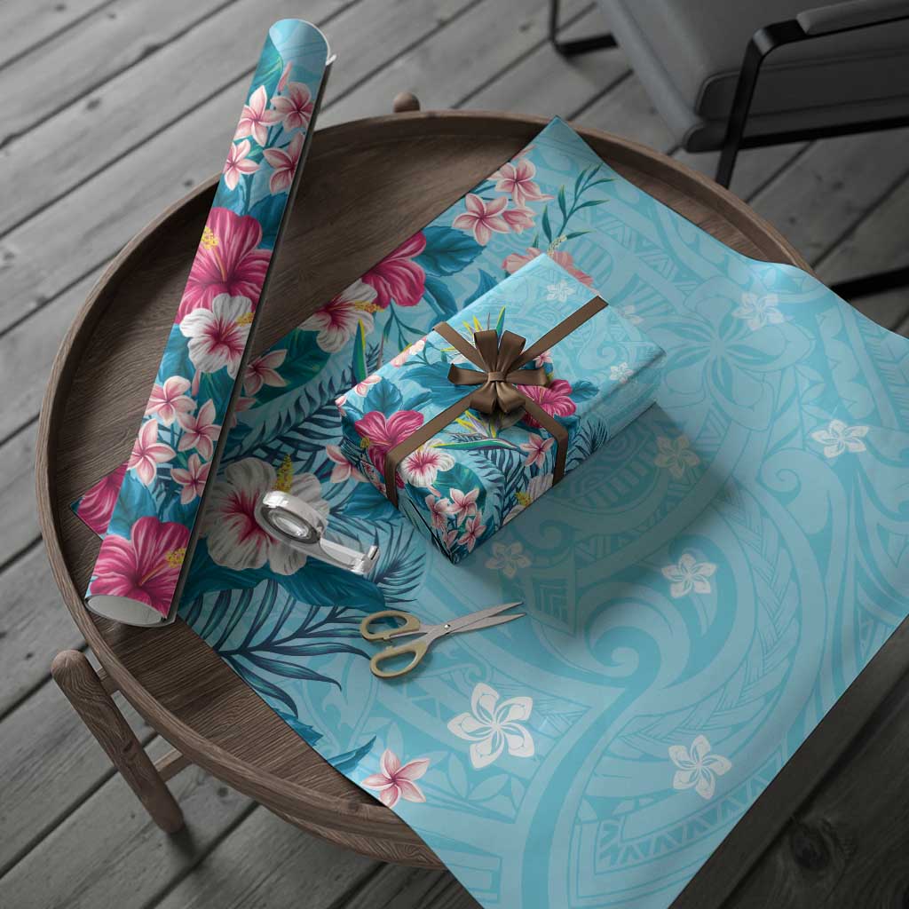 Hawaii Tropical Flowers Wrapping Paper Polynesian Tattoo Sky Blue - Polynesian Pride