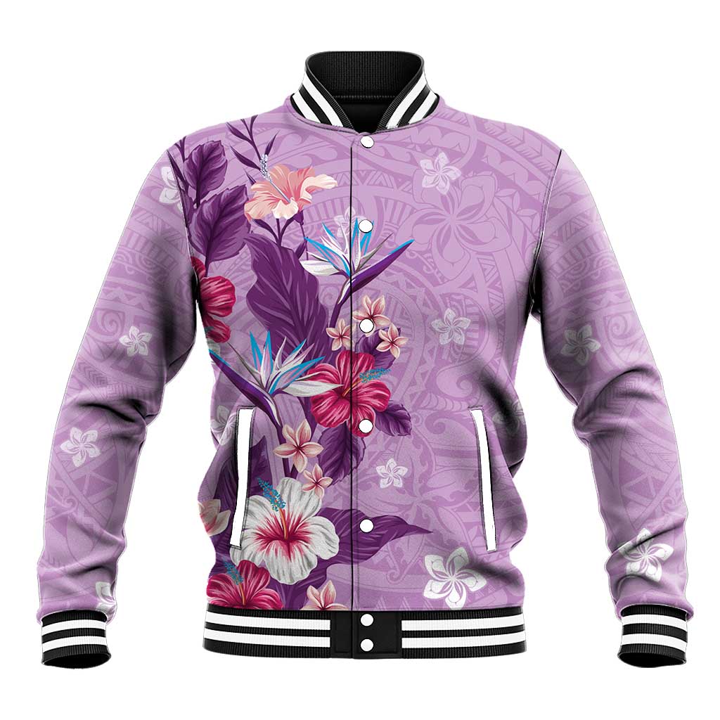 Hawaii Tropical Flowers Baseball Jacket Polynesian Tattoo Lavender