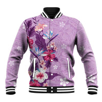 Hawaii Tropical Flowers Baseball Jacket Polynesian Tattoo Lavender