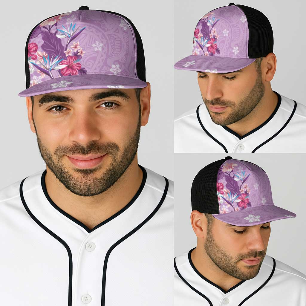 Hawaii Tropical Flowers Baseball Net Cap Polynesian Tattoo Lavender