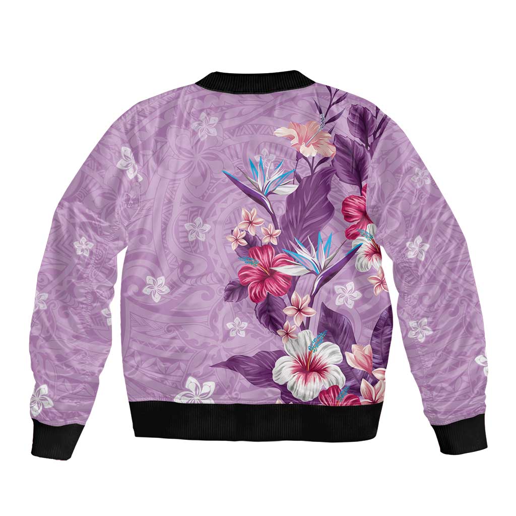 Hawaii Tropical Flowers Bomber Jacket Polynesian Tattoo Lavender