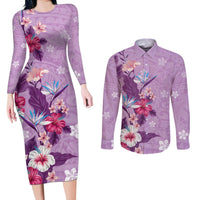Hawaii Tropical Flowers Couples Matching Long Sleeve Bodycon Dress and Long Sleeve Button Shirt Polynesian Tattoo Lavender