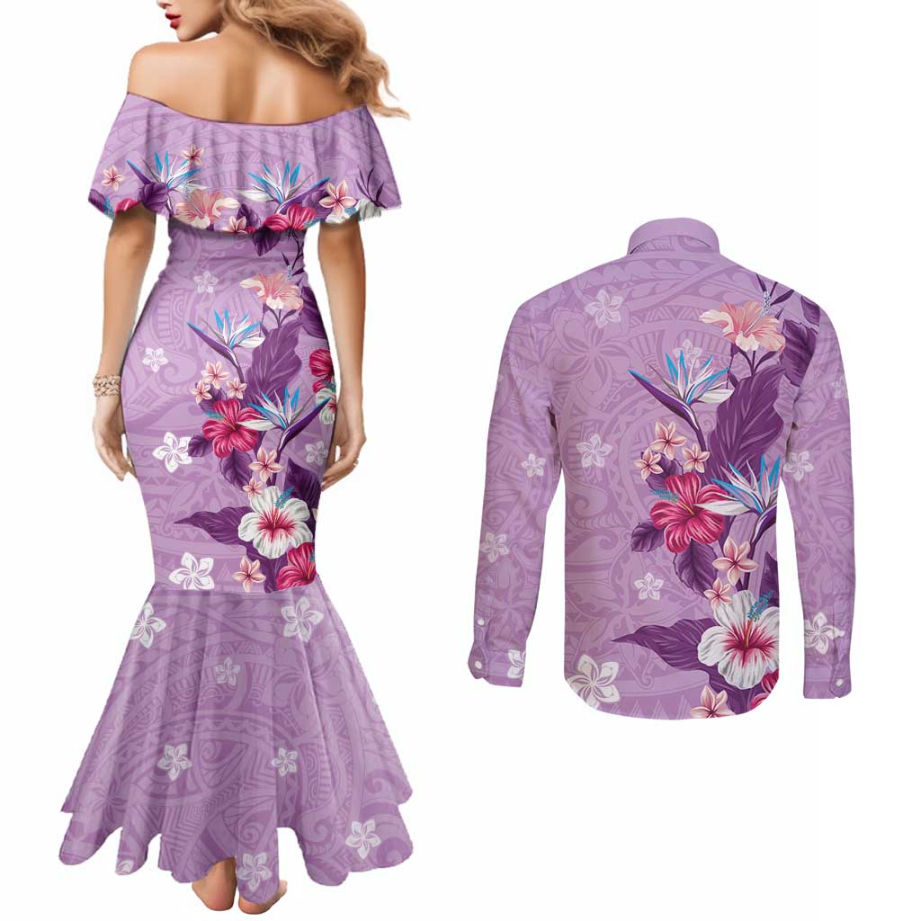 Hawaii Tropical Flowers Couples Matching Mermaid Dress and Long Sleeve Button Shirt Polynesian Tattoo Lavender