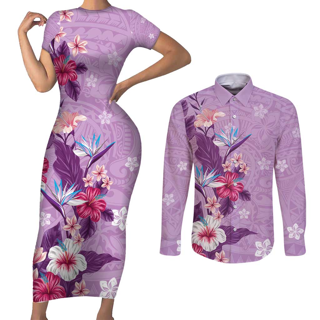 Hawaii Tropical Flowers Couples Matching Short Sleeve Bodycon Dress and Long Sleeve Button Shirt Polynesian Tattoo Lavender