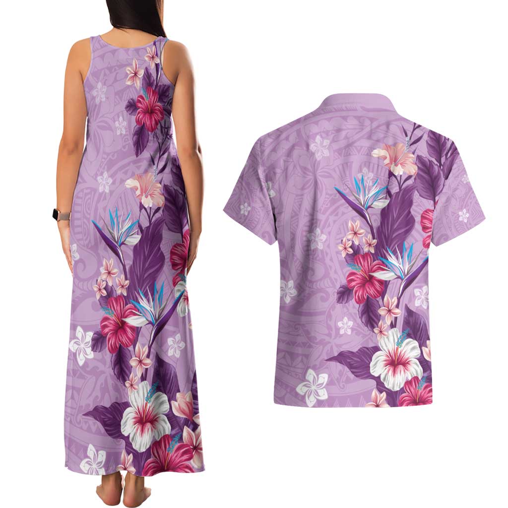 Hawaii Tropical Flowers Couples Matching Tank Maxi Dress and Hawaiian Shirt Polynesian Tattoo Lavender